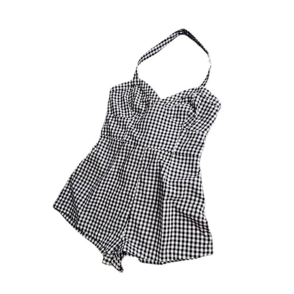 Anthropologie Maeve Halter Gingham Romper Size 12 Black White Sweetheart NWT - Picture 3 of 11